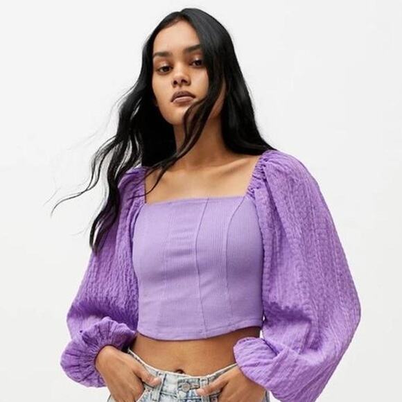 NWT‎ Urban Outfitters Claudia Puff Sleeve Cropped Corset Top in Purple Size M - Picture 1 of 12